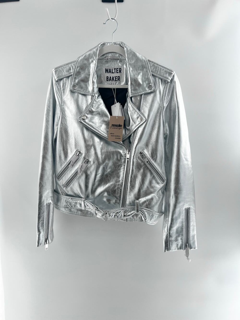NWT Walter Baker Lamb Leather Full Zip Motorcyle Jacket Silver Women's Large